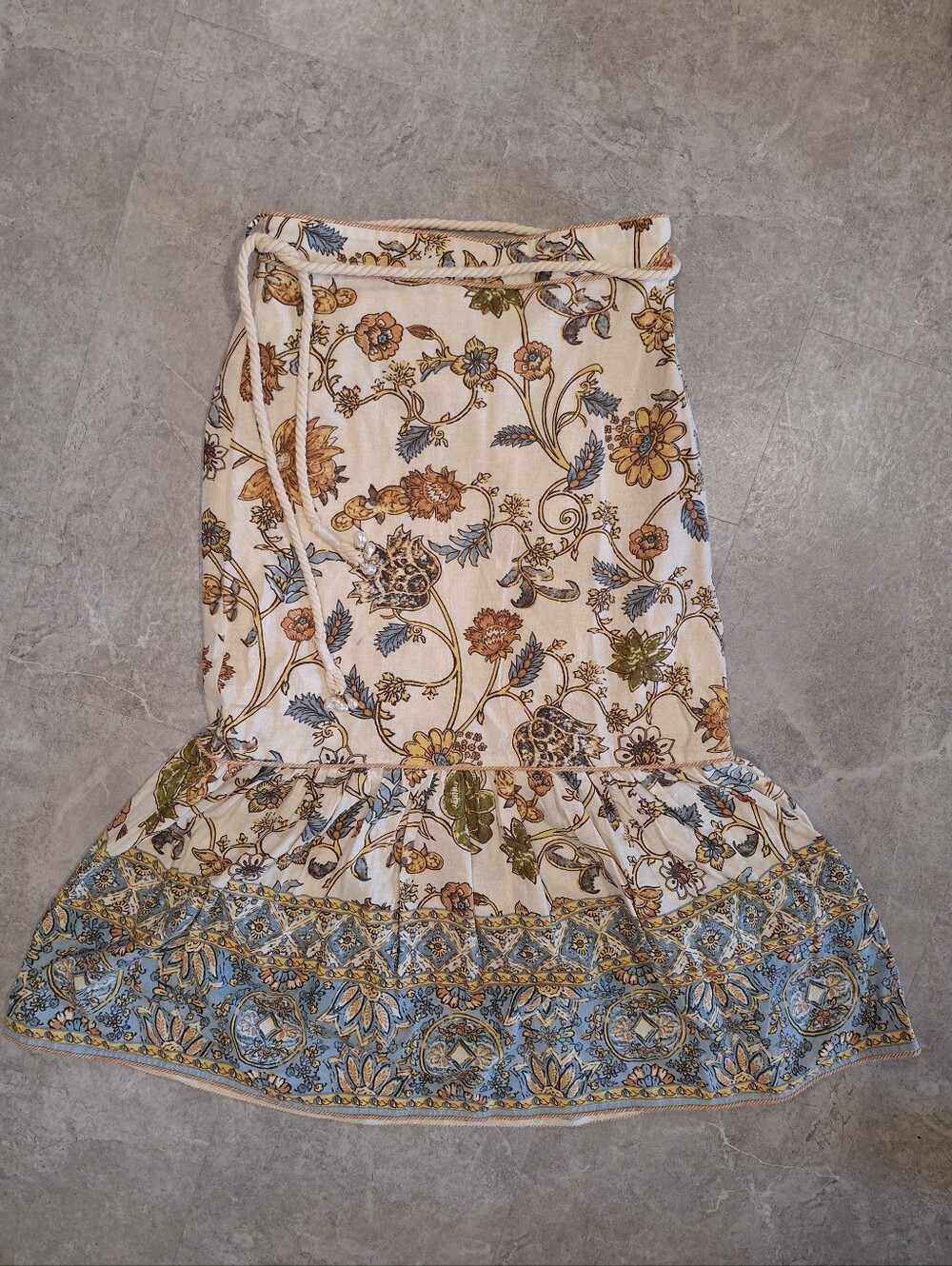 Bohemian Floral Tie-Waist Circle Skirt - Cream with Blue & Brown Floral